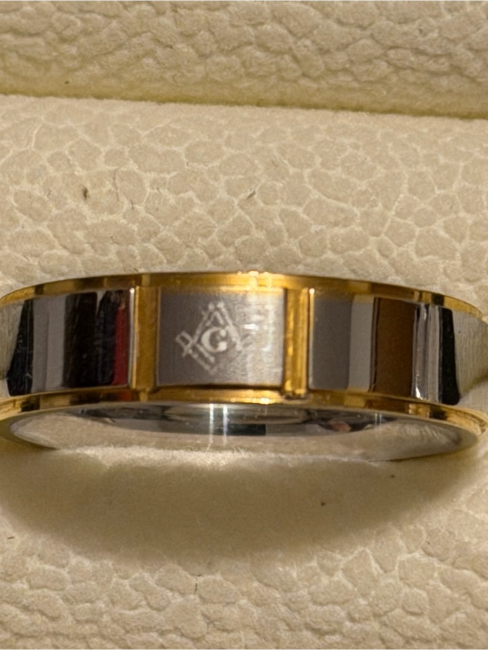 Stainless steel Masonic wedding band. Two-Tone Band  with Mason emblem .